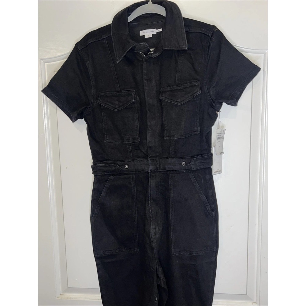 Good American Fit For Success Jumpsuit Black Denim Short Sleeve Romper New - Picture 8 of 12